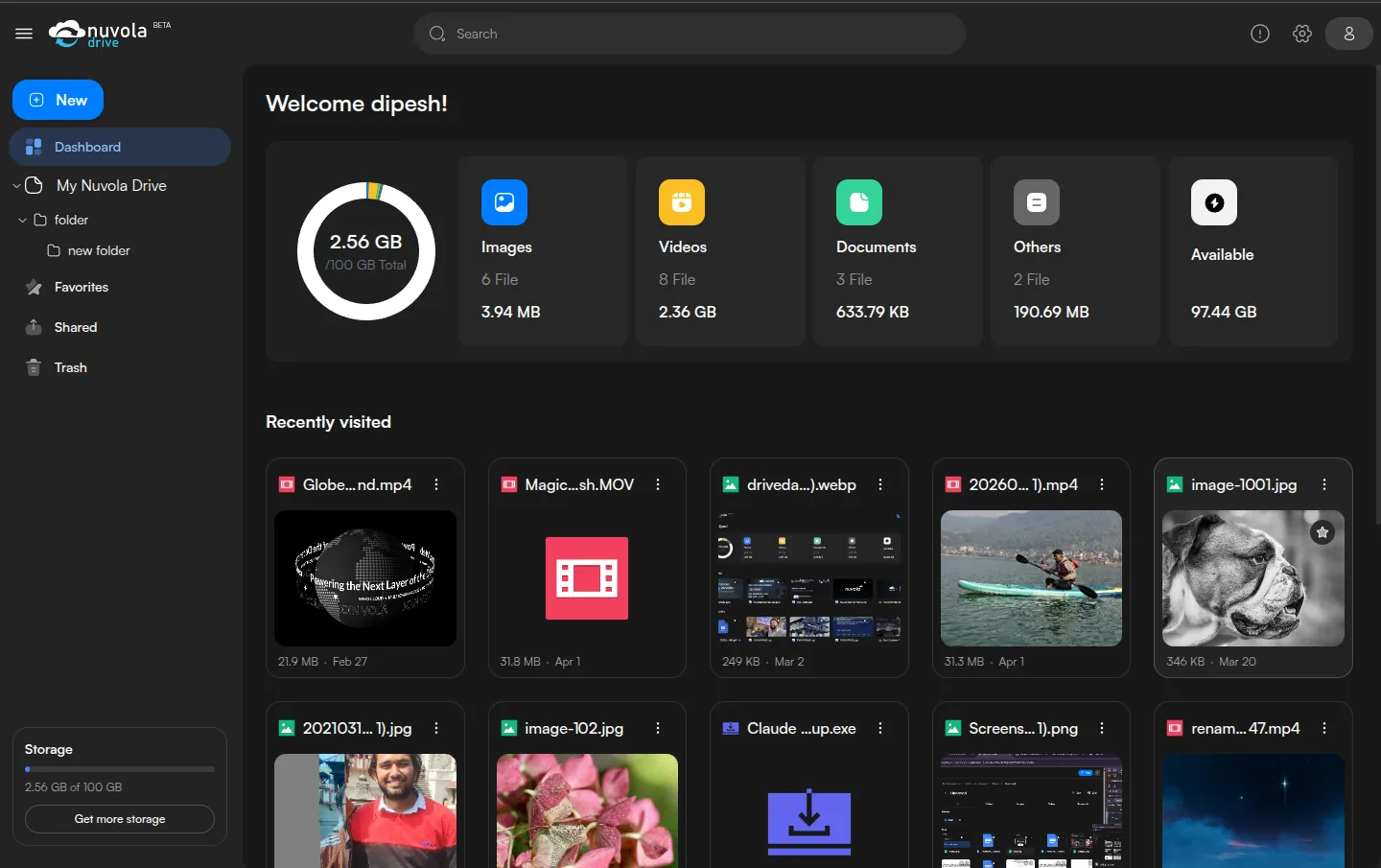 Nuvola Drive dashboard: a storage ring showing 2.56 GB of 100 GB used, tiles counting images, videos and documents, and a grid of recently visited encrypted files.