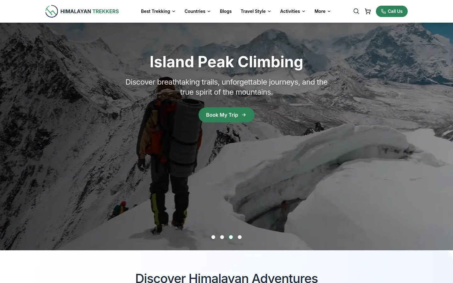 Himalayan Trekkers home page: a full-bleed photograph of a climber on a snow ridge behind the Island Peak Climbing headline and a Book My Trip call to action.
