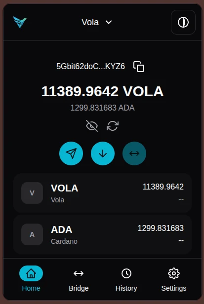 Vola Wallet: a dark mobile wallet showing a VOLA balance of 11389.9642 alongside 1299.83 ADA, with send, receive and bridge actions and an asset list for Vola and Cardano.